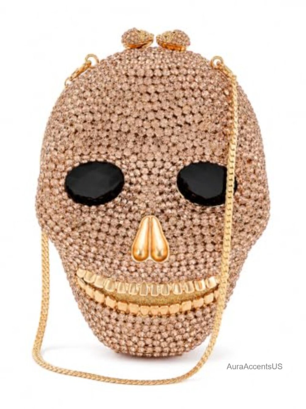 Skull Crystal Rhinestone Evening Clutch with Gold Chain Strap for Halloween